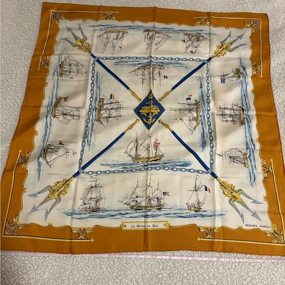 Hermes Nautical Print Scarf in Blue and Gold 🔱 - Picture 2 of 6
